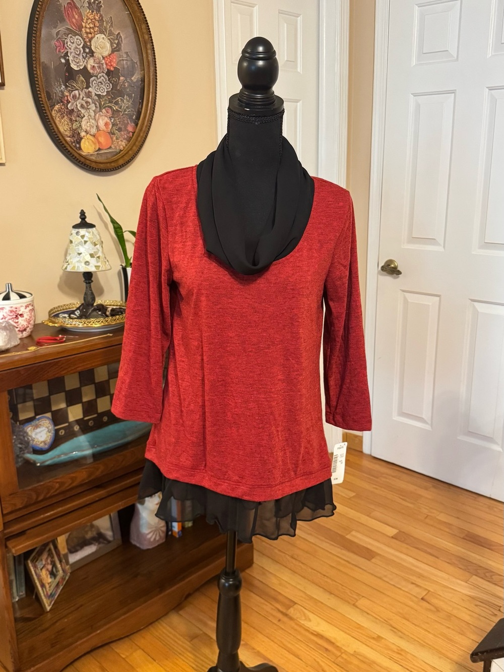Red Top with Black Cowl Neck & Chiffon Hem size Medium